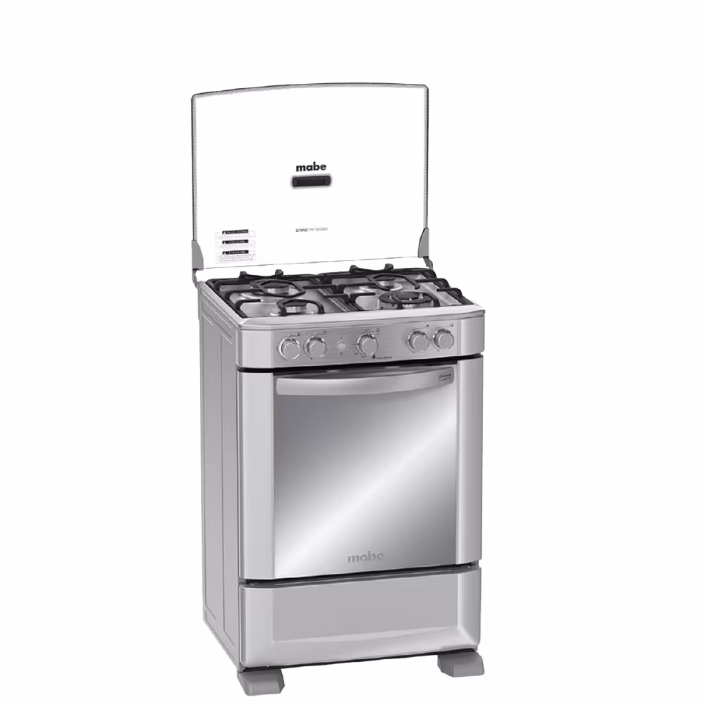 Cocina Mabe EM6040FG1 Inox, 4 quemadores, encendido electrónico, parrillas de hierro, recubrimiento Easy Clean y luz en el horno para mayor comodidad.