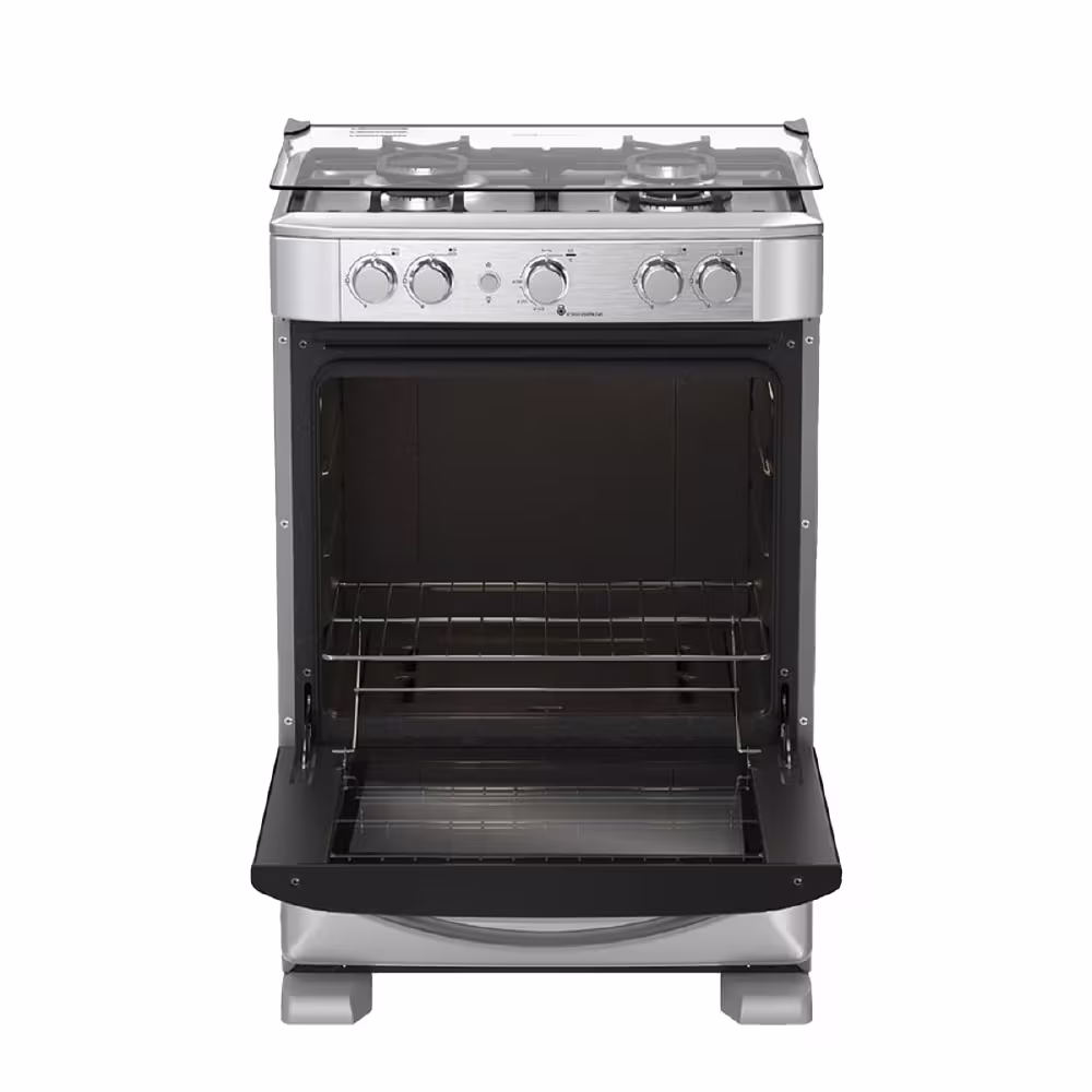 Cocina Mabe EM6040FG1 Inox, 4 quemadores, encendido electrónico, parrillas de hierro, recubrimiento Easy Clean y luz en el horno para mayor comodidad.