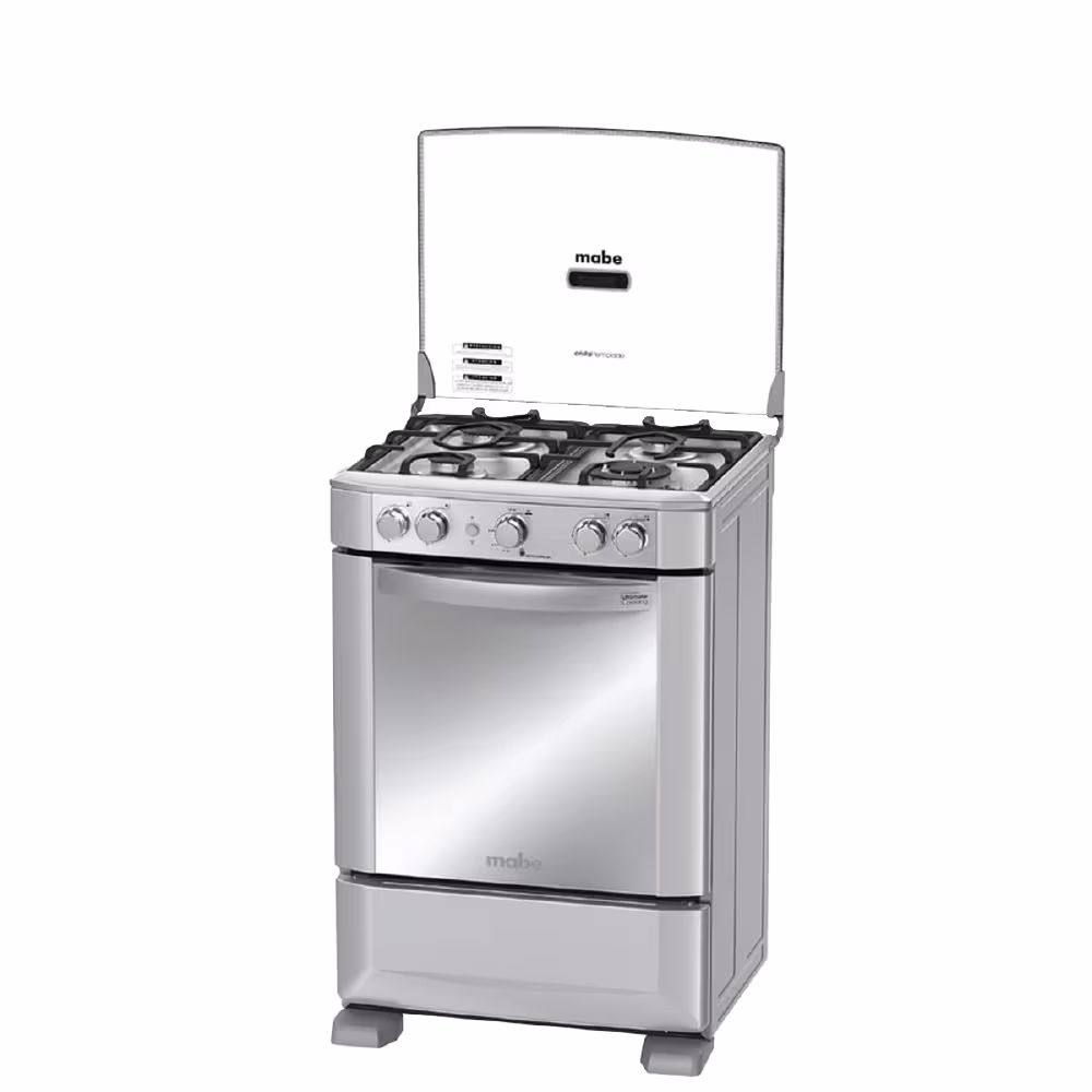Cocina Mabe EM6040FG1 Inox, 4 quemadores, encendido electrónico, parrillas de hierro, recubrimiento Easy Clean y luz en el horno para mayor comodidad.
