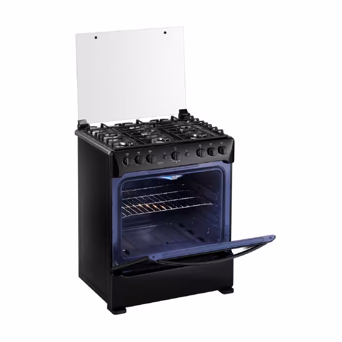 Cocina a gas Indurama Sorrento Maxgrill Zafiro, diseño elegante de 5 quemadores, horno amplio y parrilla Maxgrill para asados perfectos.