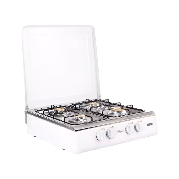Cocineta Fiorentina 4Q C/T de Ecoline, compacta y eficiente, con quemadores de bronce y tapa de vidrio, ideal para una cocina práctica y elegante.
