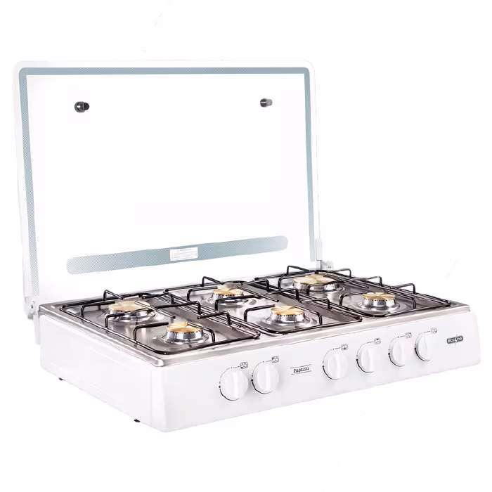 Cocineta Ragazza 6Q EC de Ecoline, moderna y resistente, con quemadores de bronce y tapa de vidrio para cocinar con estilo y eficiencia.
