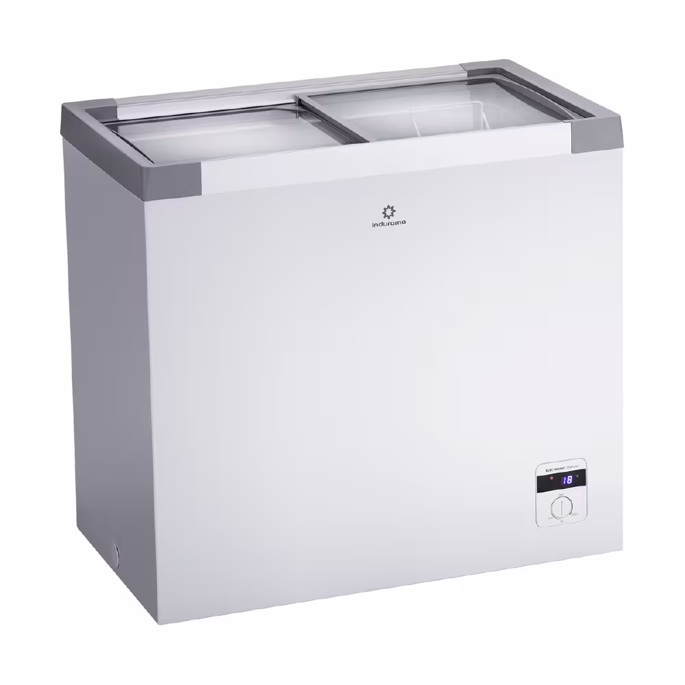 Congelador CI-199 diseño con tapa de vidrio, control digital, ruedas resistentes y puerta con llave. Ideal para negocio o hogar.