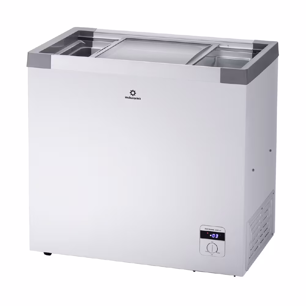 Congelador CI-199 diseño con tapa de vidrio, control digital, ruedas resistentes y puerta con llave. Ideal para negocio o hogar.