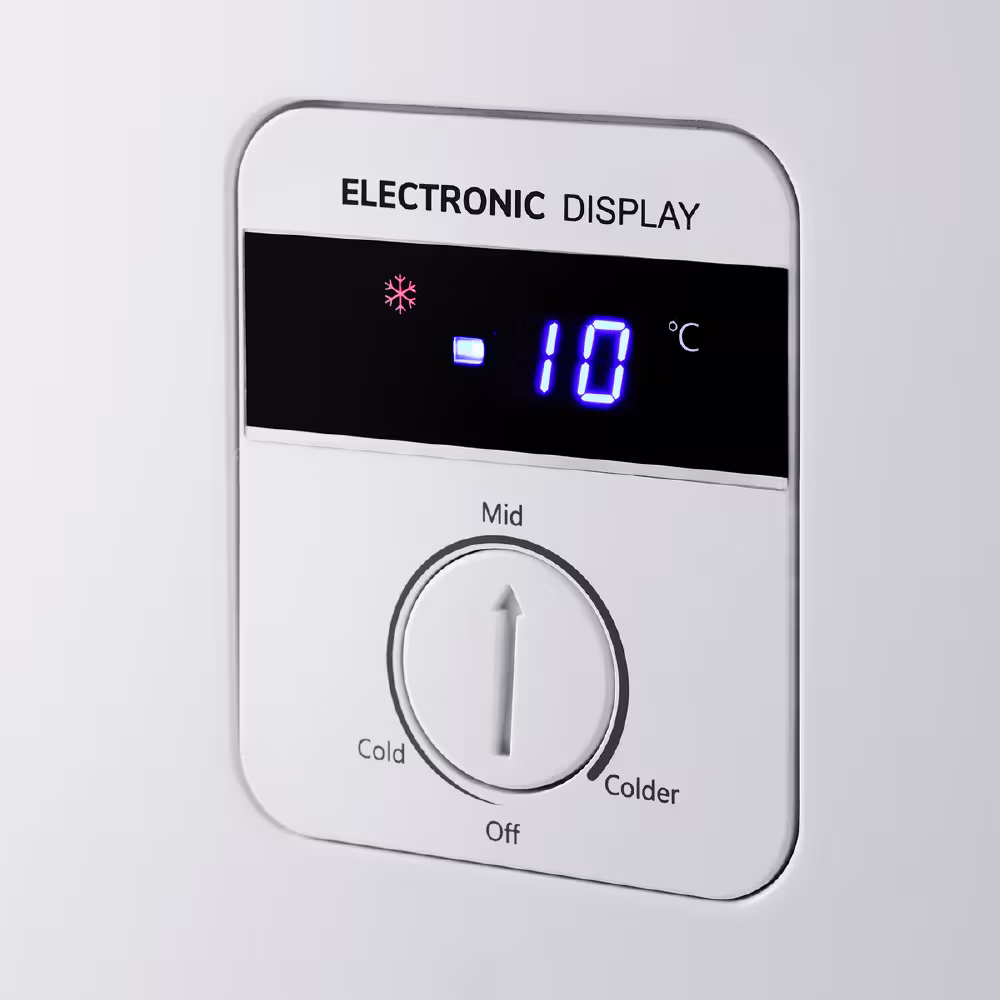 Congelador CI-199 diseño con tapa de vidrio, control digital, ruedas resistentes y puerta con llave. Ideal para negocio o hogar.