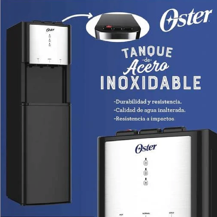 Refresca tu día con el dispensador de agua OS-WDABL2400BS de Oster. Eficiencia y diseño moderno para tu hogar, siempre con agua fresca a tu alcance.