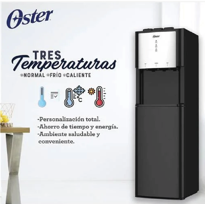 Refresca tu día con el dispensador de agua OS-WDABL2400BS de Oster. Eficiencia y diseño moderno para tu hogar, siempre con agua fresca a tu alcance.