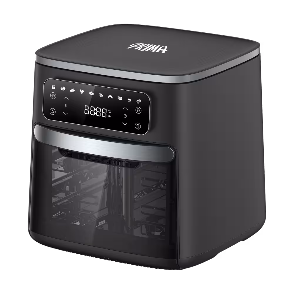 Freidora de aire PRIMA AFO-1202A de 12 Litros y 1800W. Con 10 funciones preestablecidas, tecnología Rapid Air y control digital LED táctil.
