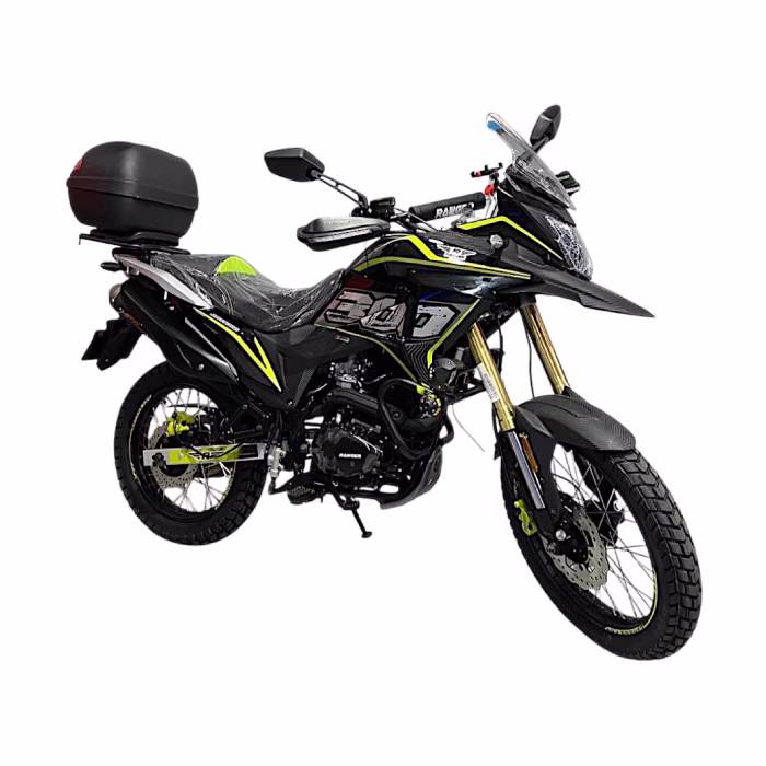 Moto Rally 300 de RANGER con 271cc, 6 marchas, 150 km/h y tanque de 14 L. Potente, veloz y lista para cualquier terreno.