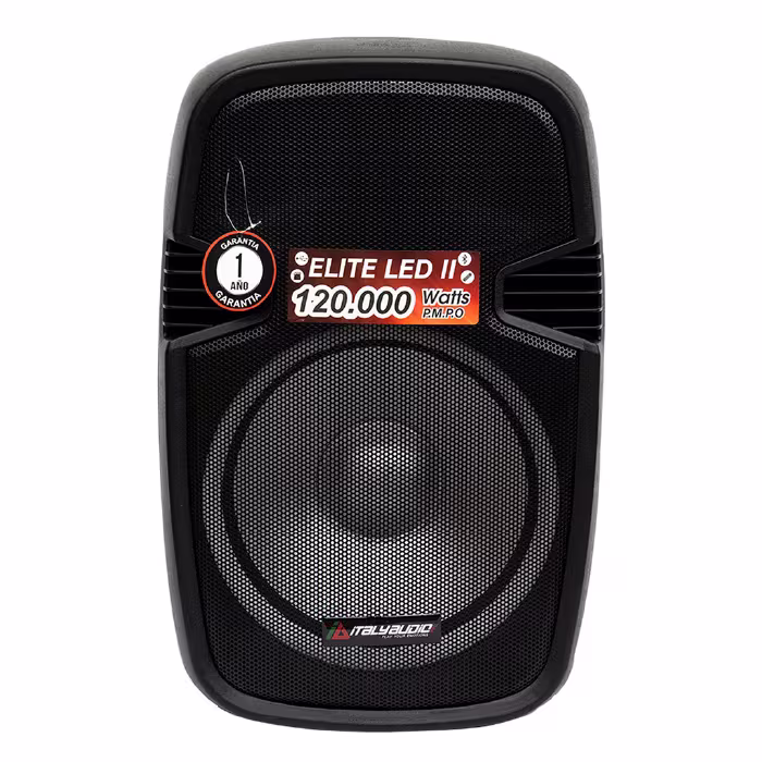 Parlante Italy Elite LED II 120000W con woofer de 15", luces RGB y Bluetooth. Llena tus fiestas de música potente y color vibrante.






