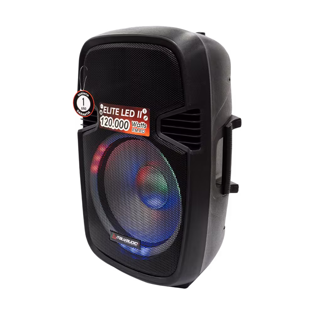 Parlante Italy Elite LED II 120000W con woofer de 15", luces RGB y Bluetooth. Llena tus fiestas de música potente y color vibrante.






