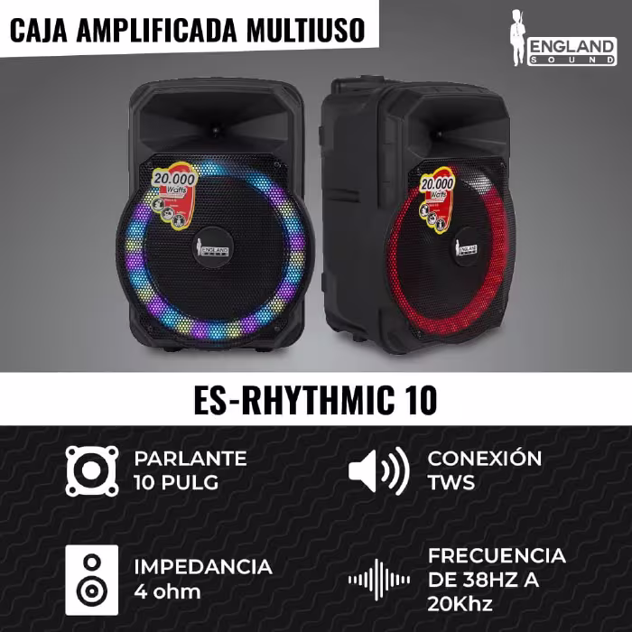 Siente el ritmo con el Parlante England Sound ES‑Rhythmic 20 000 W: sonido potente, luces LED y Bluetooth para encender cada fiesta y vibrar juntos.