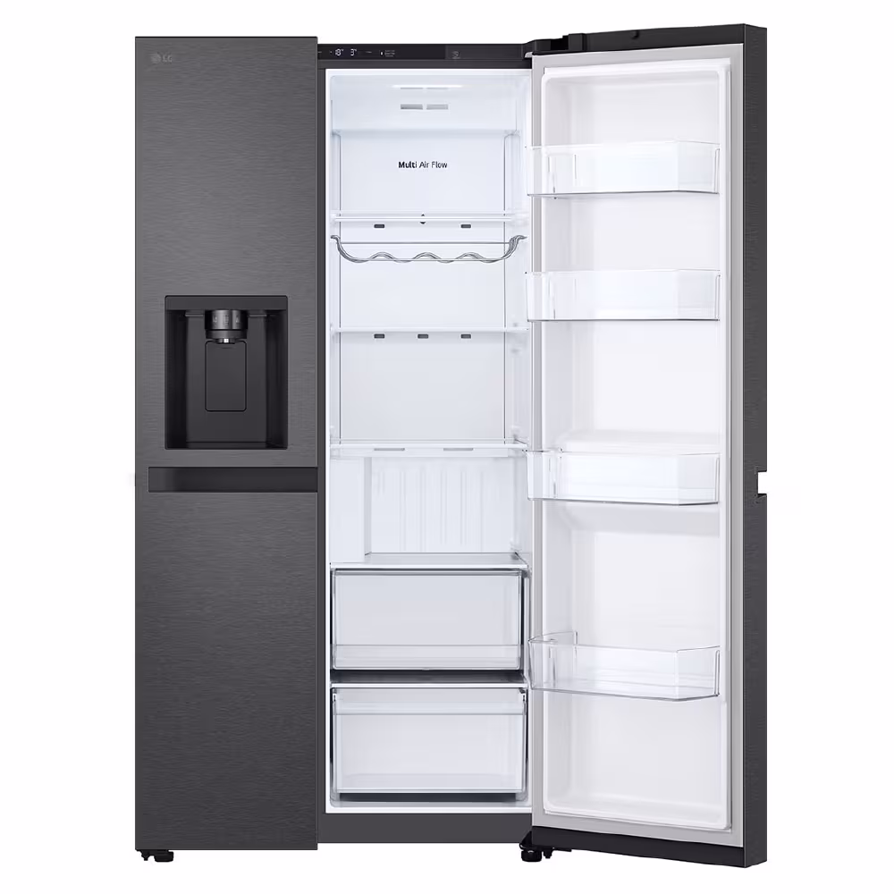 Refrigeradora LG Side by Side de 610L, diseño elegante en gris mate, con inverter, dispensador de agua y alarma de puerta.